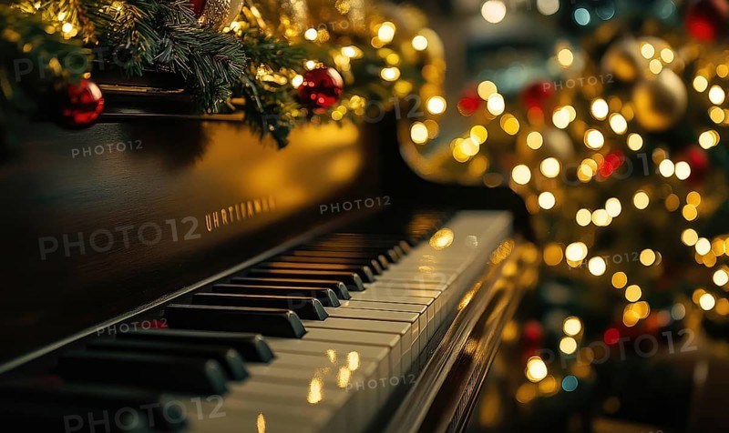 A piano is surrounded by Christmas decorations, including a tree with lights. Scene is festive and joyful, as the piano and decorations evoke a sense of celebration and warmth AI generated