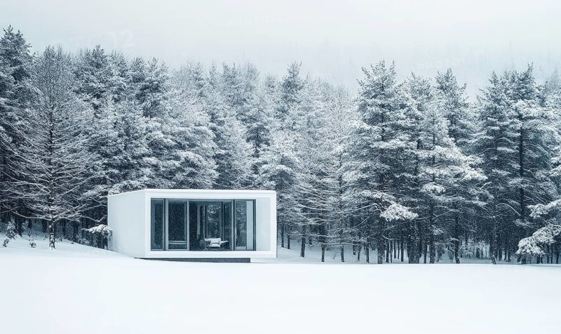 A small white cabin is surrounded by trees covered in snow. The cabin is empty and the snow is piled up around it. The scene is quiet and peaceful, with the snow creating a serene atmosphere AI generated