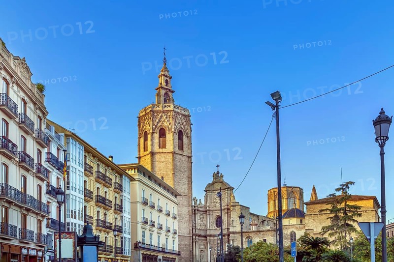 View of Valencia Cathedral or Basilica of the Assumption of Our Lady of Valencia from Plaza de la Reina, Spain, Europe