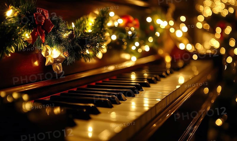 A piano with a wreath of Christmas lights hanging from it. The lights are shining on the keys, creating a warm and festive atmosphere AI generated