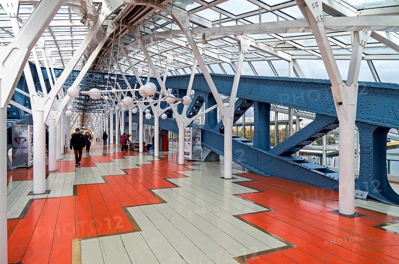 MOSCOW, RUSSIA, OCTOBER 2, 2016: Inside the pedestrian bridge that connects Berezhkovskaya and Rostov embankments near the Kiev railway station. Moscow, Russia, Europe