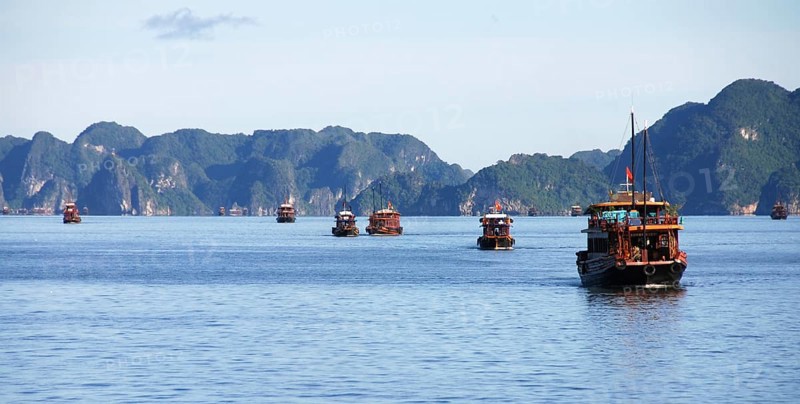 Wooden Tourist boats sailing at the famous Halong bay in northeast Vietnam, Asia