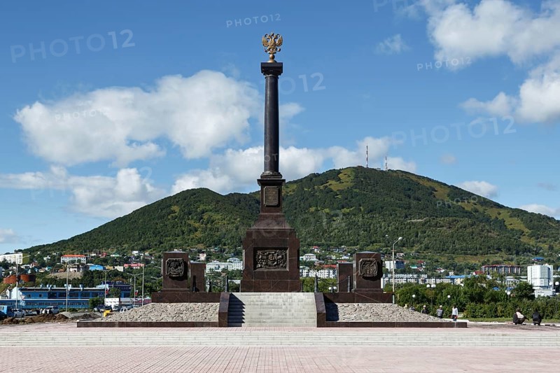 PETROPAVLOVSK-KAMCHATSKY, KAMCHATKA, RUSSIA, SEP 07, 2015: Scenic view of the stela City of Military Glory on the Petropavlovsk-Kamchatsky City on a sunny day. Russia, Far East