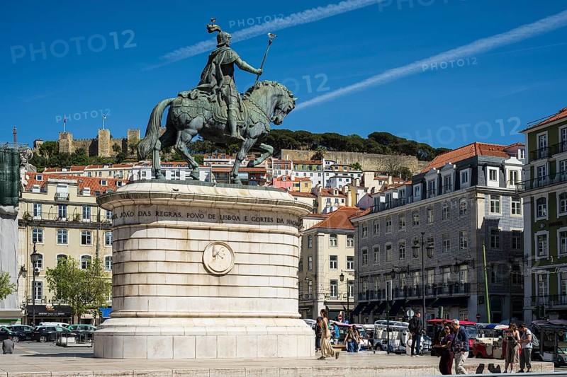 Estátua Equestre de Dom João I in Lisbon, equestrian statue in a lively square surrounded by urban architecture, Lisbon, Portugal, Europe