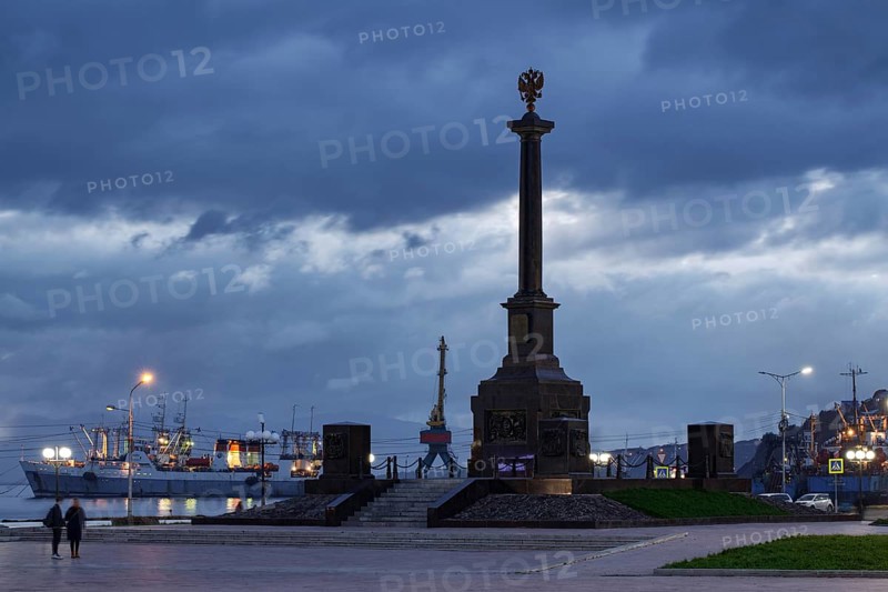 PETROPAVLOVSK-KAMCHATSKY CITY, KAMCHATKA PENINSULA, RUSSIAN FAR EAST, SEP 30, 2017: Night architectural illumination of Stela City of Military Glory in Petropavlovsk-Kamchatsky