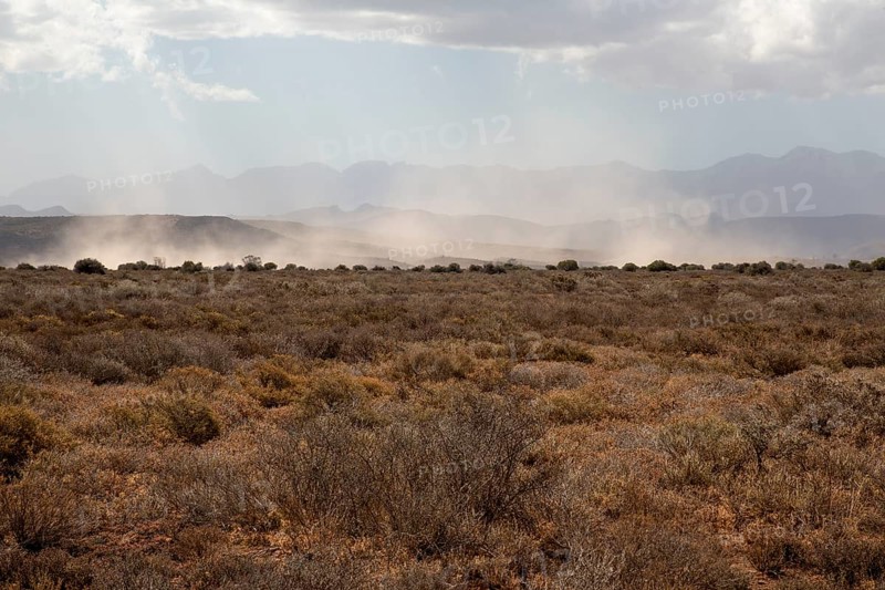 Wind whirls up sand on dry prairie in Africa