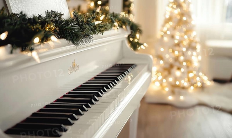 A white grand piano is surrounded by a Christmas tree and a wreath. Scene is festive and joyful, as the piano is a symbol of music and celebration during the holiday season AI generated
