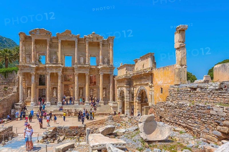 Kusadasi, Turkey, April 28, 2019: People visiting Celsus Library and old ruins of Ephesus or Efes famous site, Asia
