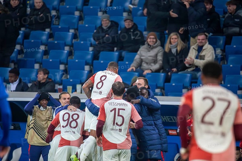 Football UEFA Europa League, 2024/25 season, matchday 4: TSG Hoffenheim v Olympique Lyon. Picture: Lyon celebrate after scoring the opening goal to make it 2-1