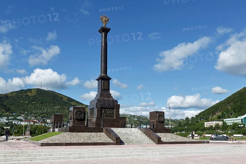 PETROPAVLOVSK-KAMCHATSKY, KAMCHATKA, RUSSIA, SEP 07, 2015: Scenic view of the stela City of Military Glory on the Petropavlovsk-Kamchatsky City on a sunny day. Russia, Far East