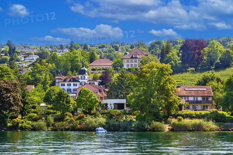 View if shores of Lake Zurich, Switzerland, Europe