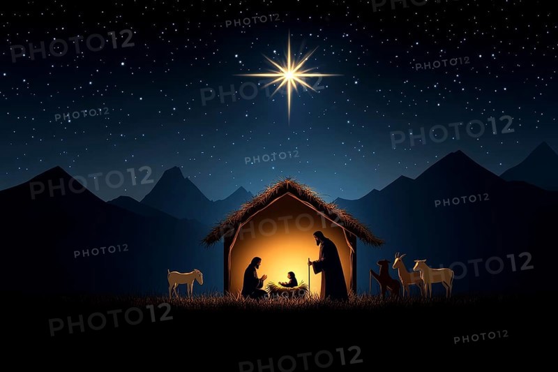 A serene depiction of the nativity scene, showing the holy family illuminated in a humble stable under a starry sky, AI generated