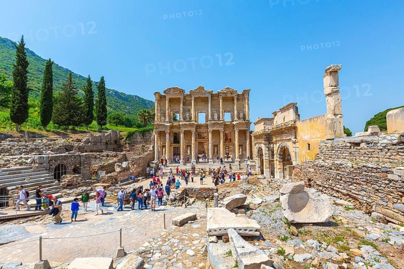 Kusadasi, Turkey, April 28, 2019: People visiting Celsus Library and old ruins of Ephesus or Efes famous site, Asia