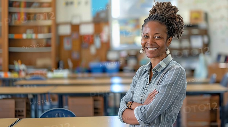 Proud smiling african american female teacher standing in her classroom. generative AI, AI generated