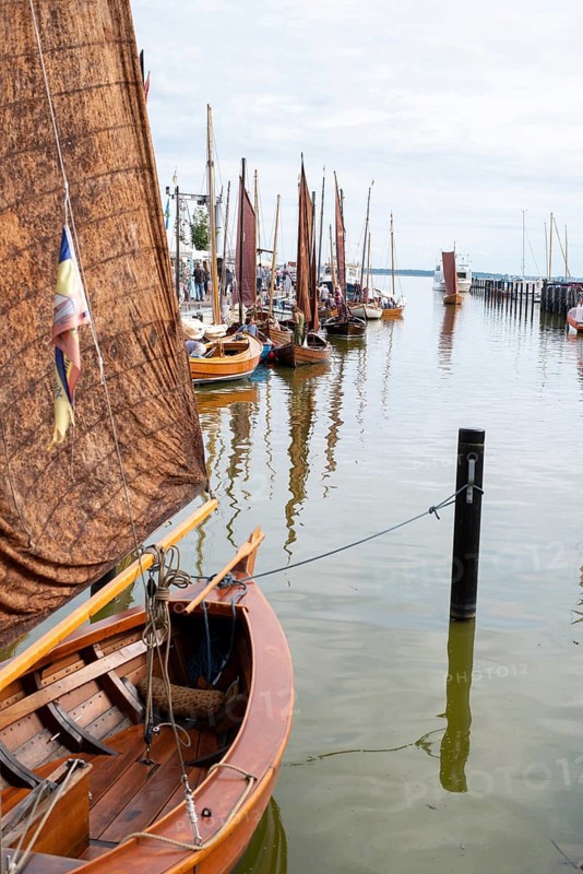 Historic fishing boats, net boats, formerly used as work boats for laying nets and fish traps, Wustrow, Mecklenburg-Vorpommern, Germany, Europe