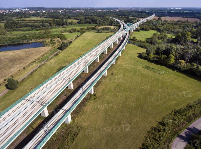 Aerial view of the approximately six-kilometre-long Saale Elster Valley Bridge near Halle, the longest railway bridge in Germany. The section is part of the new ICE railway line between Munich and Berlin, Halle, 22/09/2016
