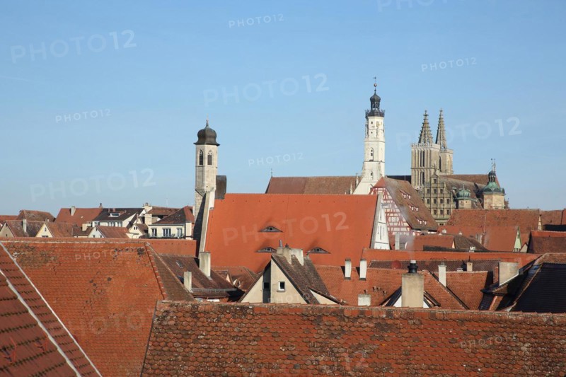 Townscape with spire of St. Johannis church, white town hall tower, half-timbered house Fleischhaus, town hall, St. Jakob church, roofs, towers, houses, Rothenburg ob der Tauber, Tauberfranken, Franconia, Bavaria, Germany, Europe