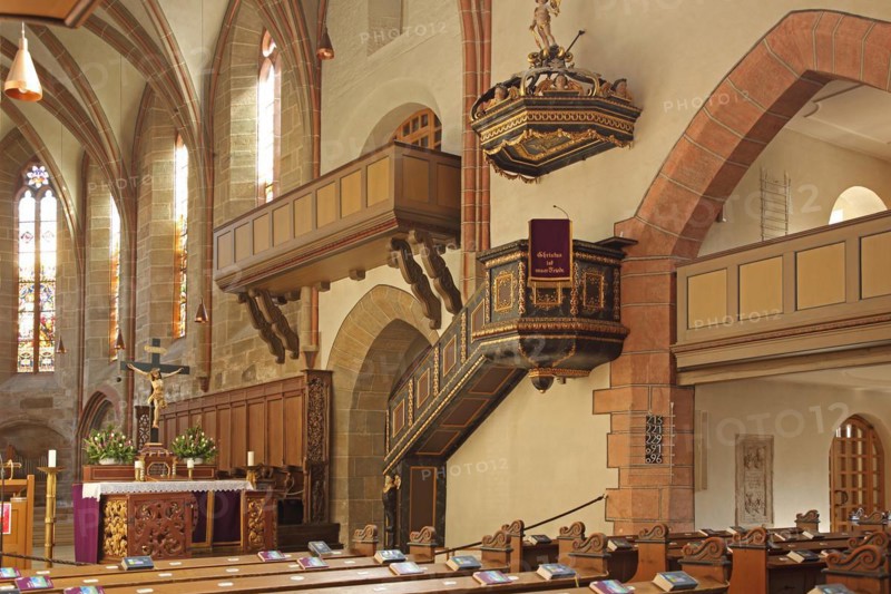 Pulpit and chancel, interior view, gallery, crucifix, collegiate church, Feuchtwangen, Middle Franconia, Franconia, Bavaria, Germany, Europe