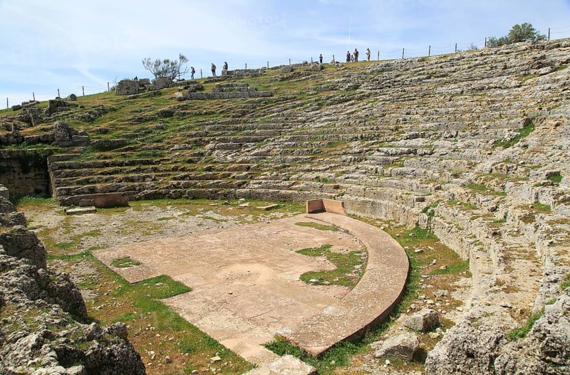 Remains of Roman theatre seating area, Acinipo Roman town site Ronda la Vieja, Cadiz province, Spain, Europe