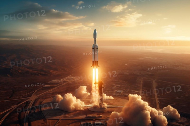 Aerial view of a rocket launch at sunrise sunset over an ocean coast. The rocket is blasting off with a trail of smoke and flames behind it, AI generated