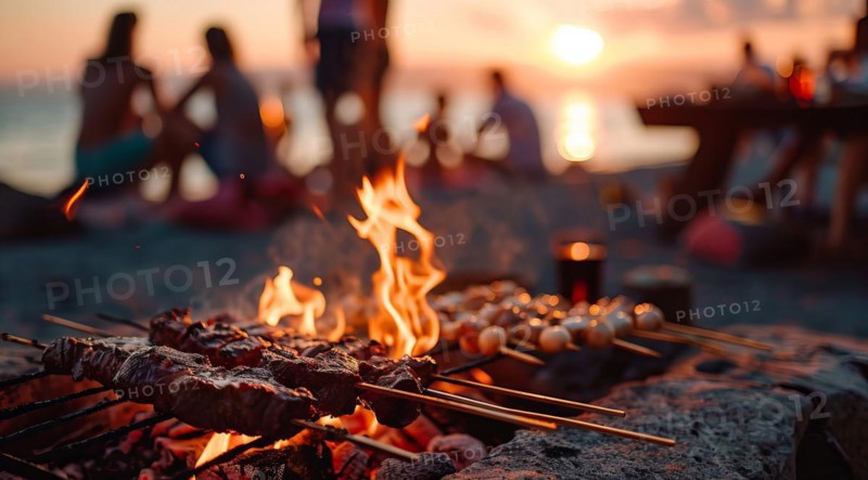 Barbecue BBQ family picnic party on the beach with skewers of meat and meat steaks over charcoal, AI generated