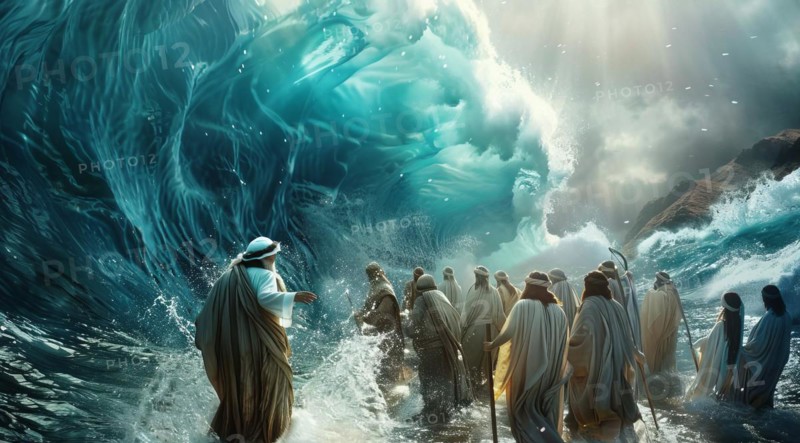 Moses leads the Exodus of the Israelites and jews out of Egypt and across the Red Sea, AI generated