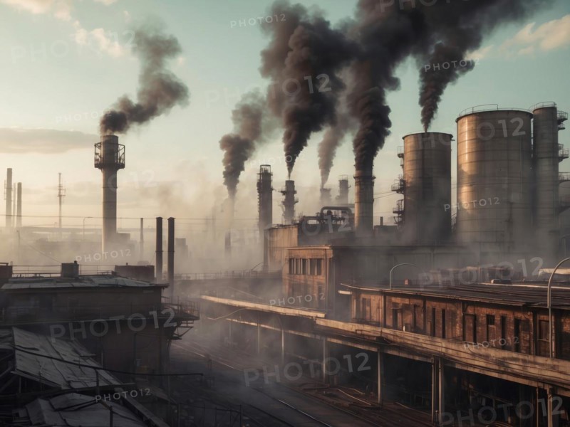 Industrial factory refinery producing a lot of pollution, plume of smokes polluting ozone layer, AI generated