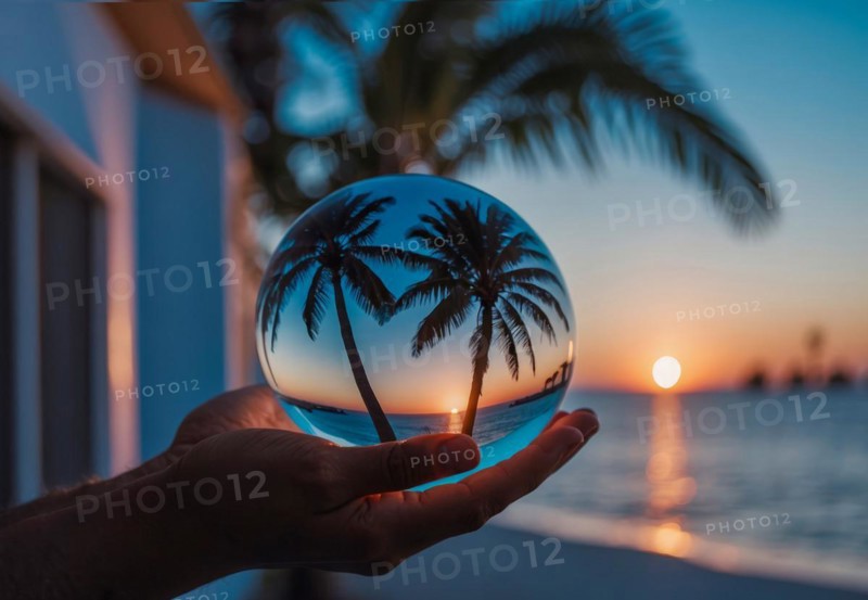 A hand holding a glass sphere with a palm tree reflected in it. The scene is set on a beach at sunset. earth conservation concept, AI generated