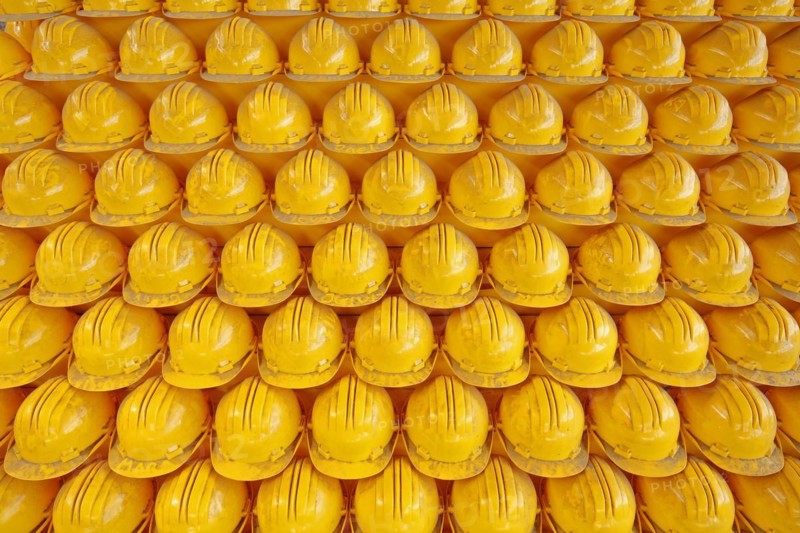 Pyramid with yellow safety helmets, ore hall UNESCO Völklingen Ironworks, working clothes, helmets, yellow, pile, stack, decoration, sorted, order, row, series, structure, Völklingen, Saarland, Germany, Europe