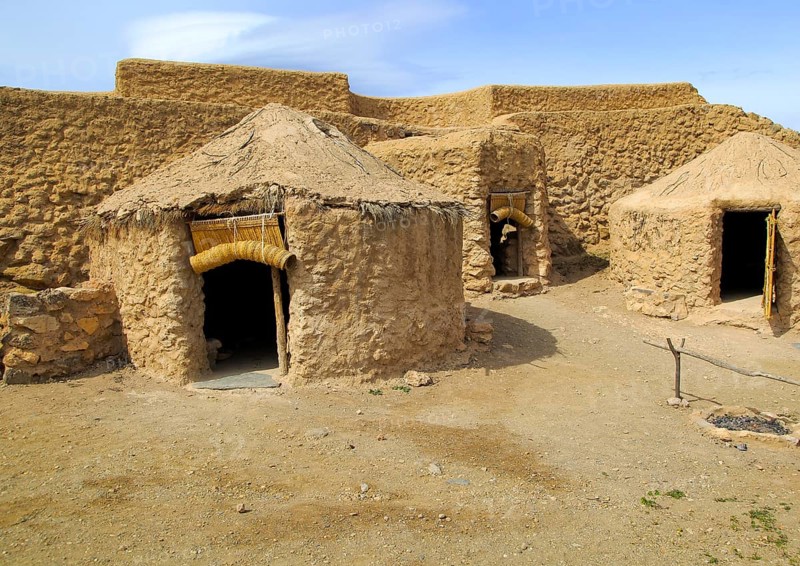 Reconstruction of buildings, Los Millares prehistoric Chalcolithic settlement archaelogical site, Almeria, Spain, Europe