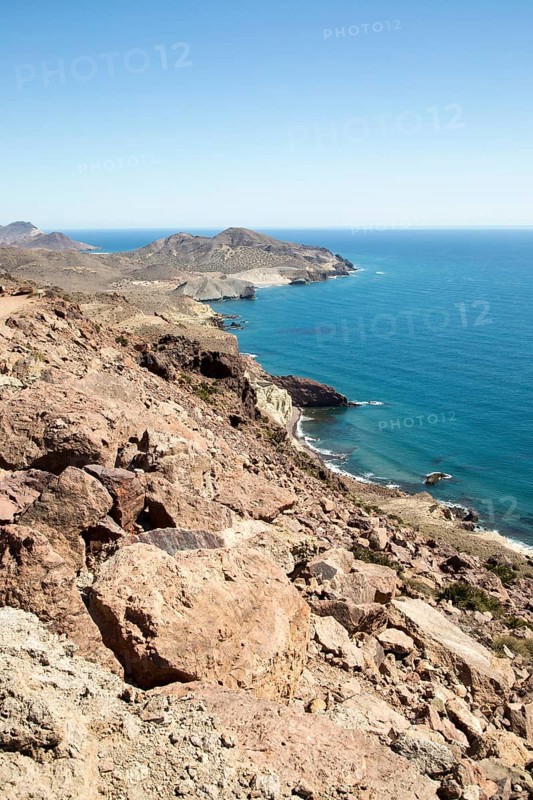 Coastal landscape Cabo de Gata natural park, looking east towards San Jose, Almeria, Spain, Europe
