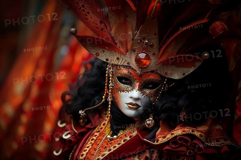 A person adorned in a richly detailed and colorful carnival costume, complete with an elaborate mask, participates in the iconic Venice Carnival, AI generated