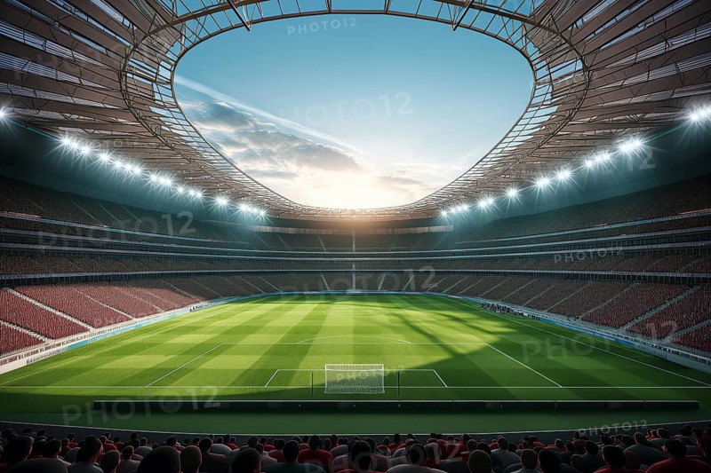 A soccer field with a large crowd of people spectators fans watching the game view. The stadium is lit up with bright flood spotlights ready for a match game, AI generated