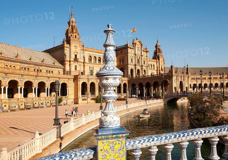The Plaza de España, Seville, Spain built in 1928 for the Ibero-American Exposition of 1929. It is a landmark example of the Renaissance Revival style in Spanish architecture
