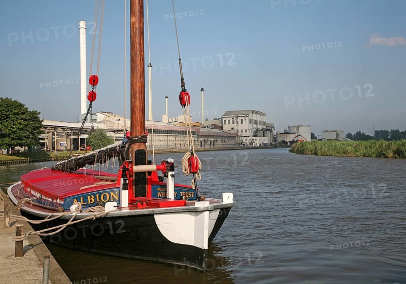 Historic wherry boat called 'Albion' on the River Yare, maintained by the Norfolk Wherry Trust, Cantley, Norfolk, England, United Kingdom, Europe