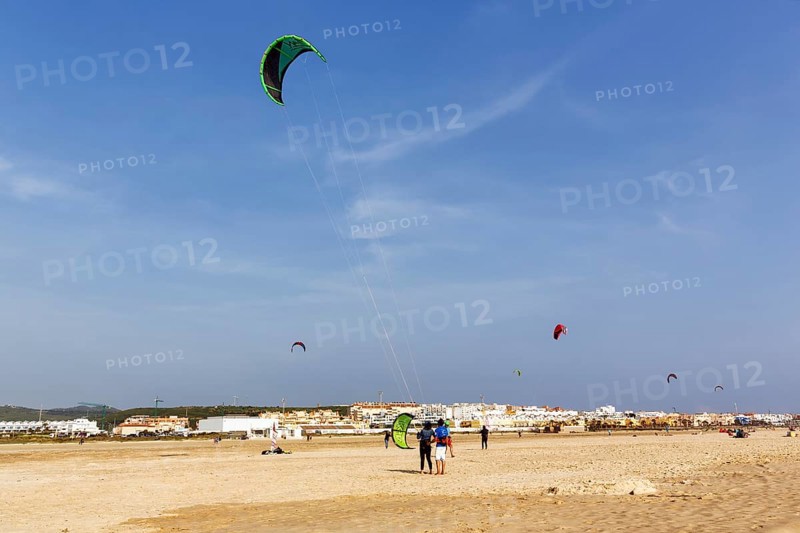 Sandy beach beach Playa de los Lances, kitesurfers and walkers, Tarifa, Strait of Gibraltar, Costa de la Luz, Andalusia, Spain, Europe