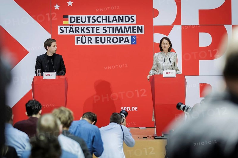Kevin Kuehnert, SPD Secretary-General, and Katarina Barley, SPD lead candidate for the 2024 European elections, at a press conference following the SPD Presidium meeting after the European elections at the Willy Brandt House in Berlin, 10 June 2024