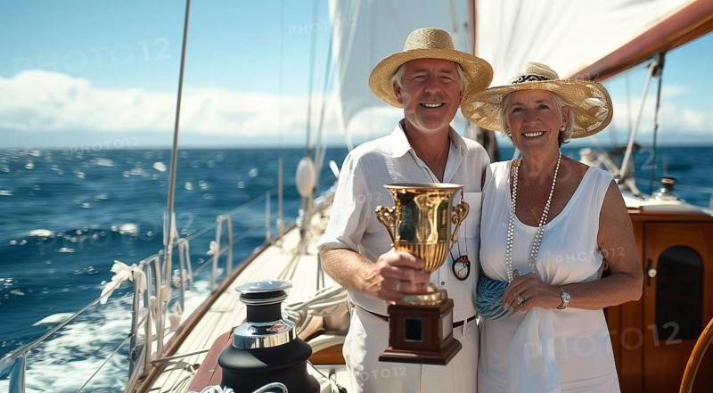 Happy sailing couple holding their trophy on the deck of their sailing boat. generative AI, AI generated
