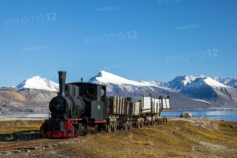 Steam train engine, railway locomotive for transporting coal at former mining town Ny-Alesund, Oscar II Land, Kongsfjorden, Svalbard, Spitsbergen