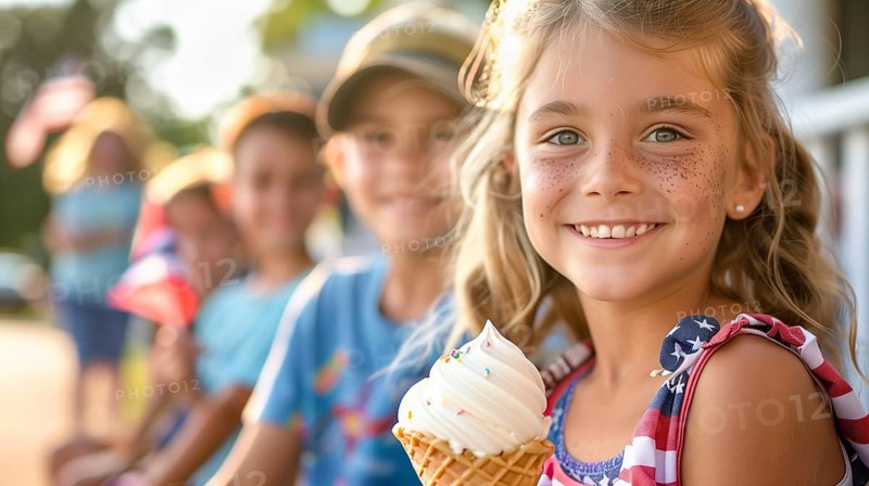 Cute children celebrating with friends and family outdoors with ice cream cones. generatvie AI, AI generated