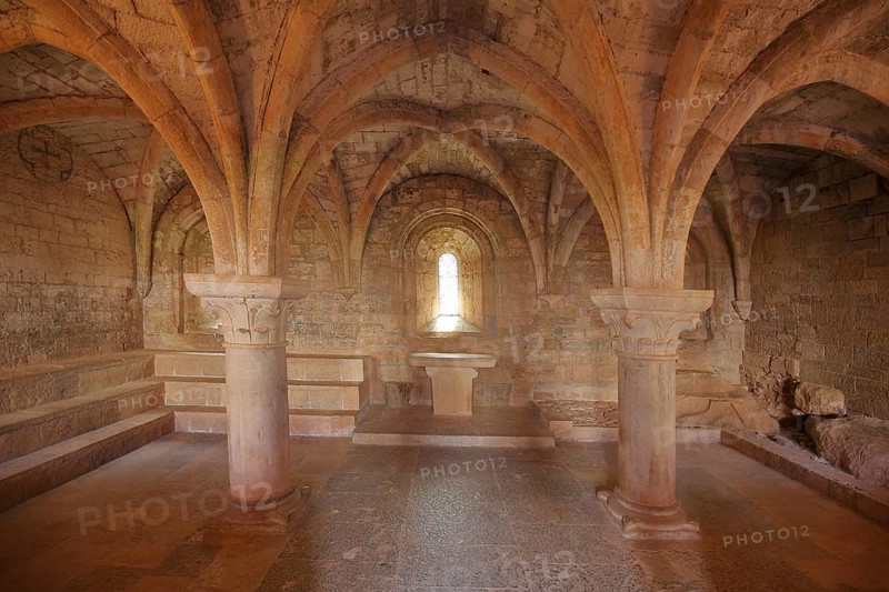 Interior view of the chapter house with ceiling vault and columns of the Romanesque abbey of Le Thoronet, monastery complex, Cistercian abbey, Var, Provence, France, Europe