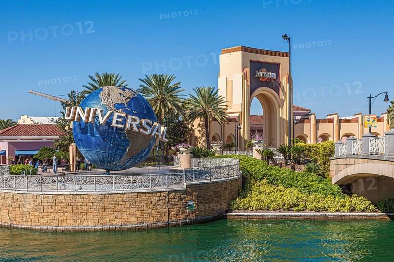 Famous rotating world globe at Universal's City Walk near entrance to the Universal Studios theme park in Orlando, Florida, USA, North America
