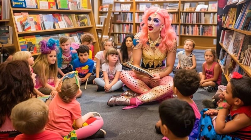 Drag queen reading A book to several young children in a bookstore, AI generated