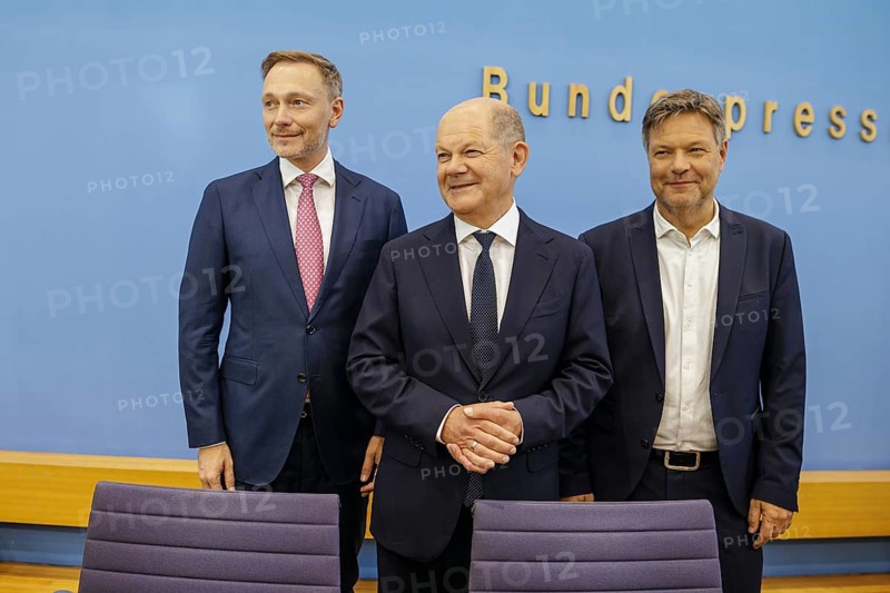 Christian Lindner (FDP), Federal Minister of Finance, Olaf Scholz (SPD), Federal Chancellor, and Robert Habeck (Alliance 90/The Greens), Federal Minister for Economic Affairs and Climate Protection and Vice-Chancellor, present the 2025 budget at the BPK. Berlin, 05.07.2024. Photographed on behalf of the Federal Ministry of Finance