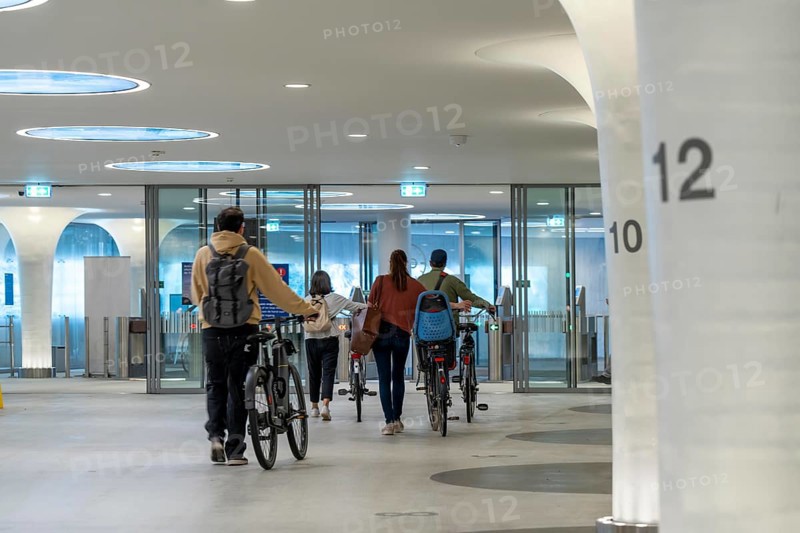 New bicycle car park at Amsterdam Central station, Stationsplein, space for around 7000 bicycles, largest in Amsterdam, digitally monitored, underground, direct connection to the station and metro, single exit, Netherlands