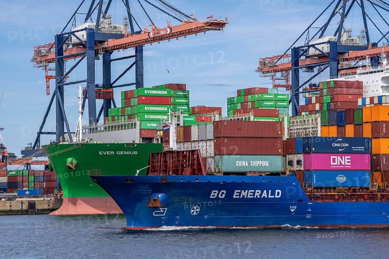 Euromax Container Terminal, BG Emerald of BF Fright Line, container feedership, container freighter Ever Genius, Evergreen shipping company, being loaded and unloaded, seaport of Rotterdam, deep-sea harbour Maasvlakte 2, on an artificial land area, Netherlands