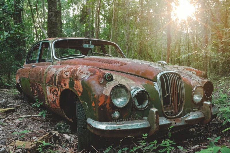 An old, weathered and dusty British vintage car, wreck, of the type Jaguar from the 60s stands in a forest, car graveyard, between trees, symbolic image for restoration, repair, restoration of historical cultural assets, AI generated, AI generated, AI generated