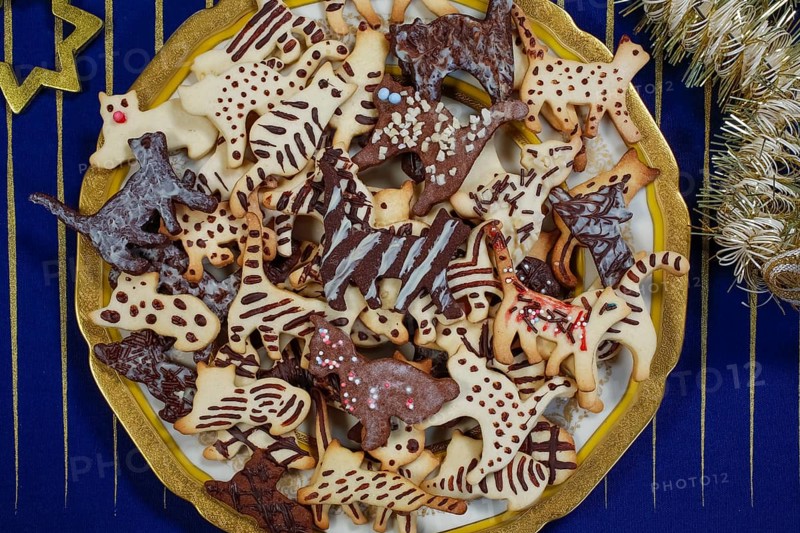 Swabian cuisine, Swabian Christmas biscuits, cookie cutters, shortbread biscuits, cat figures, painted with chocolate, typical Swabian, baking, Christmas bakery, sweet biscuits, Gutsle, Bredle, baked goods, from the oven, traditional cuisine, food photography, studio, Germany, Europe