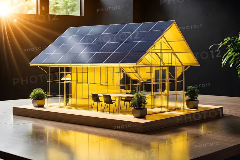 Hologram yellow eco house with solar panel architecture wireframe on table, ai generated, AI generated