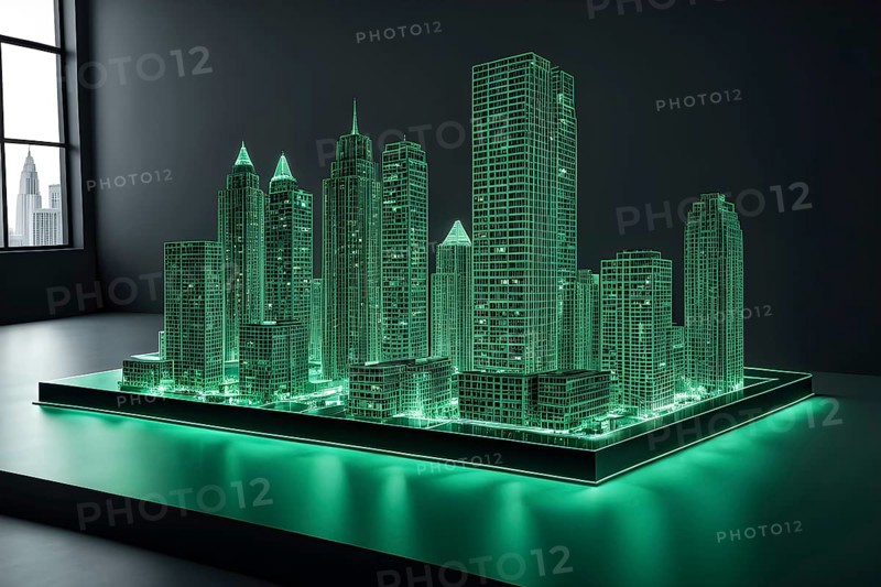 Hologram green skyscraper wireframe on table, ai generated, AI generated